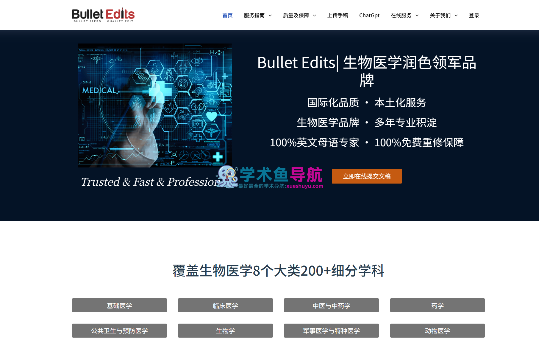 Bullet Edits官网,生物医学领域专业SCI论文深度润色,学术翻译,降重改写与查重服务